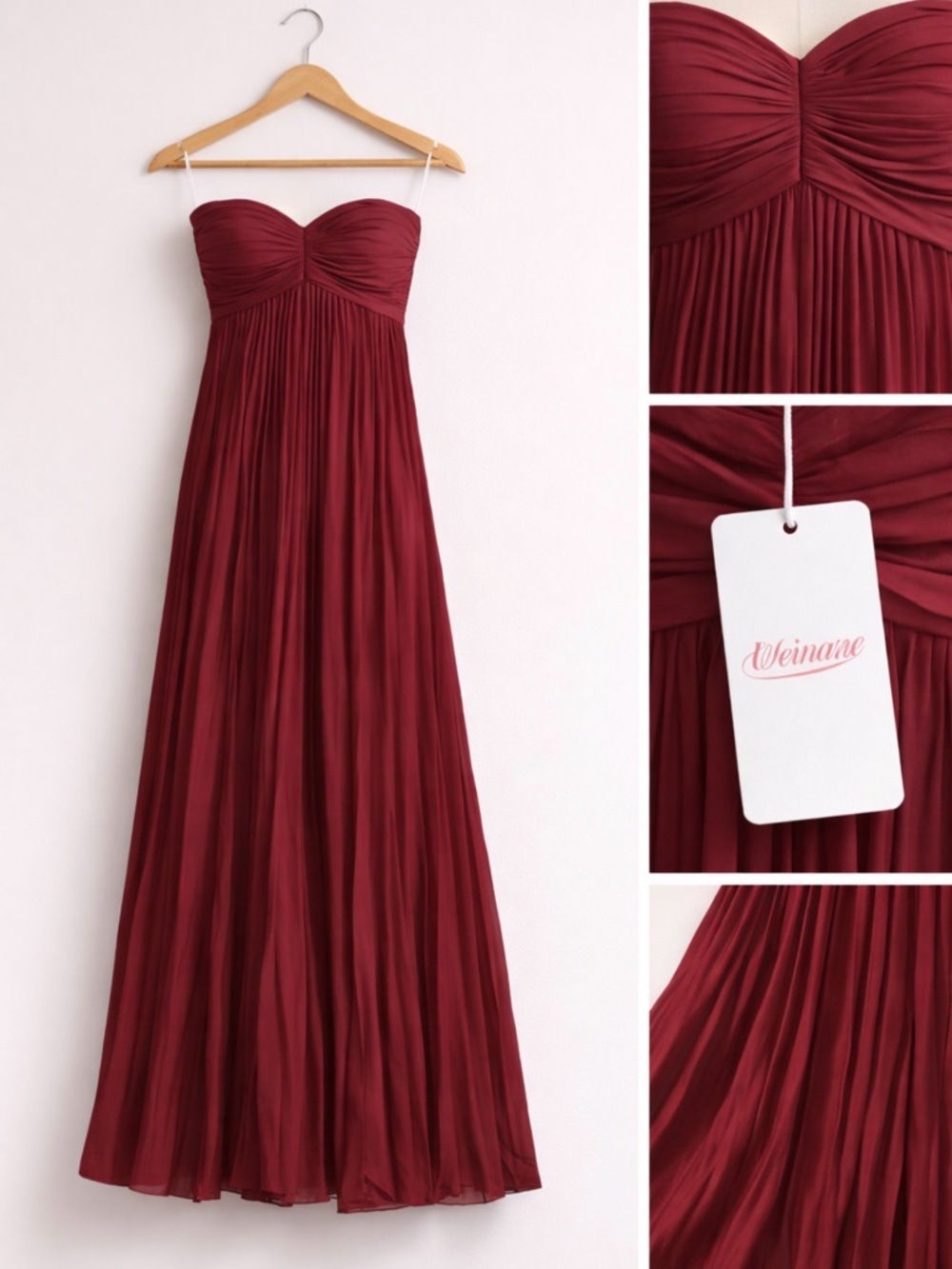 Burgundy Strapless Pleated Maxi Dress